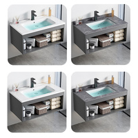 Meuble de salle de bain mural moderne en aluminium spatial avec vasque en pierre frittée, miroir intelligent anti-buée, étanche, gris, pour hôtel