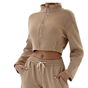 Custom Logo Zipper Three-Piece Solid <b>Workout</b> Set Breathable Quick Dry Gym Crop <b>Jacket</b> Sweatpants Women's Plus Size Jogging Yoga - Product Image 1