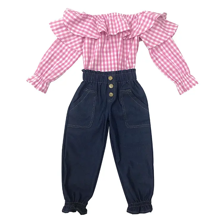 2020 wholesale fall kids girl denim pants plaid blouse outfit clothing set