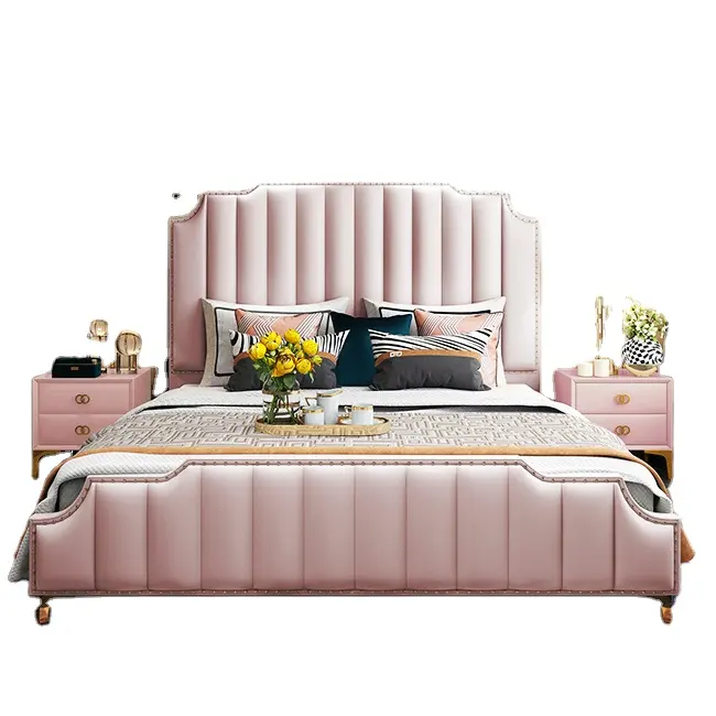 Leichte Luxus rosa europäische Bett garnitur Amerikanisches Massivholz Prinzessin Bett für Mädchen Schloss bett
