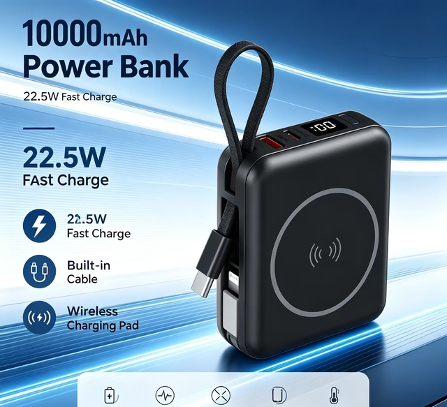10000mAh Wireless Power Bank 22.5W Fast Charging Portable Charger with Built in Type C Cable LED Display OEM ODM