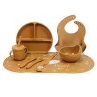 Ensemble de 8 pièces de vaisselle en silicone pour bébé : assiette à ventouse, bol, cuillère, fourchette, bavoir pour enfants