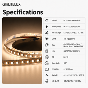 Ruban LED Flexible 2025 168 LED/m 12V 5mm PCB 9.6W Mini-Coupe Haute IRC Longueur Personnalisée pour Luminaires Linéaires - Product Image 2