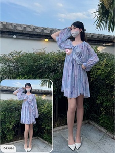 Vestido Ecológico con Mangas Farol, Estampado Floral Degradado y Aberturas Superpuestas Delantera y Trasera, Ideal <span class=keywords><strong>para</strong></span> Citas al Aire Libre y <span class=keywords><strong>Parejas</strong></span> - Product Image 3