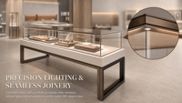 Vitrine d'îlot haut de gamme avec plateau en verre long pour la présentation de bijoux, montres et articles de joaillerie en magasin de détail