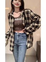 Kemeja Wanita Gaya Korea Motif Kotak-kotak Oversize Lengan Panjang Kancing Depan Kasual Streetwear Blus Longgar Drop Shoulder Vintage