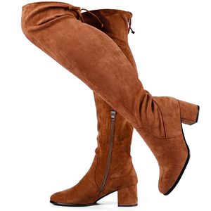 Femmes grande taille confort bloc talon bout rond à lacets daim sur les <span class=keywords><strong>bottes</strong></span> au genou <span class=keywords><strong>mollet</strong></span> <span class=keywords><strong>large</strong></span> <span class=keywords><strong>large</strong></span> largeur cuissardes - Product Image 1