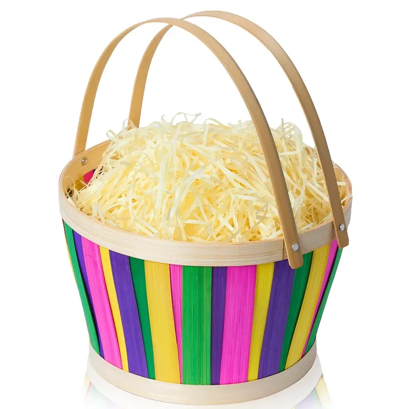 Multicolor Bamboo Easter Egg Hunt Basket with Portable Folding Handles Empty Gift Basket for Party Decorations Easter Egg Favors