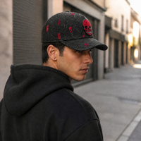 Zwarte schedel grafische luipaardprint 5-panel baseballcap rode versierde details gestructureerd paneel platte klep 100% katoen unisex gothic