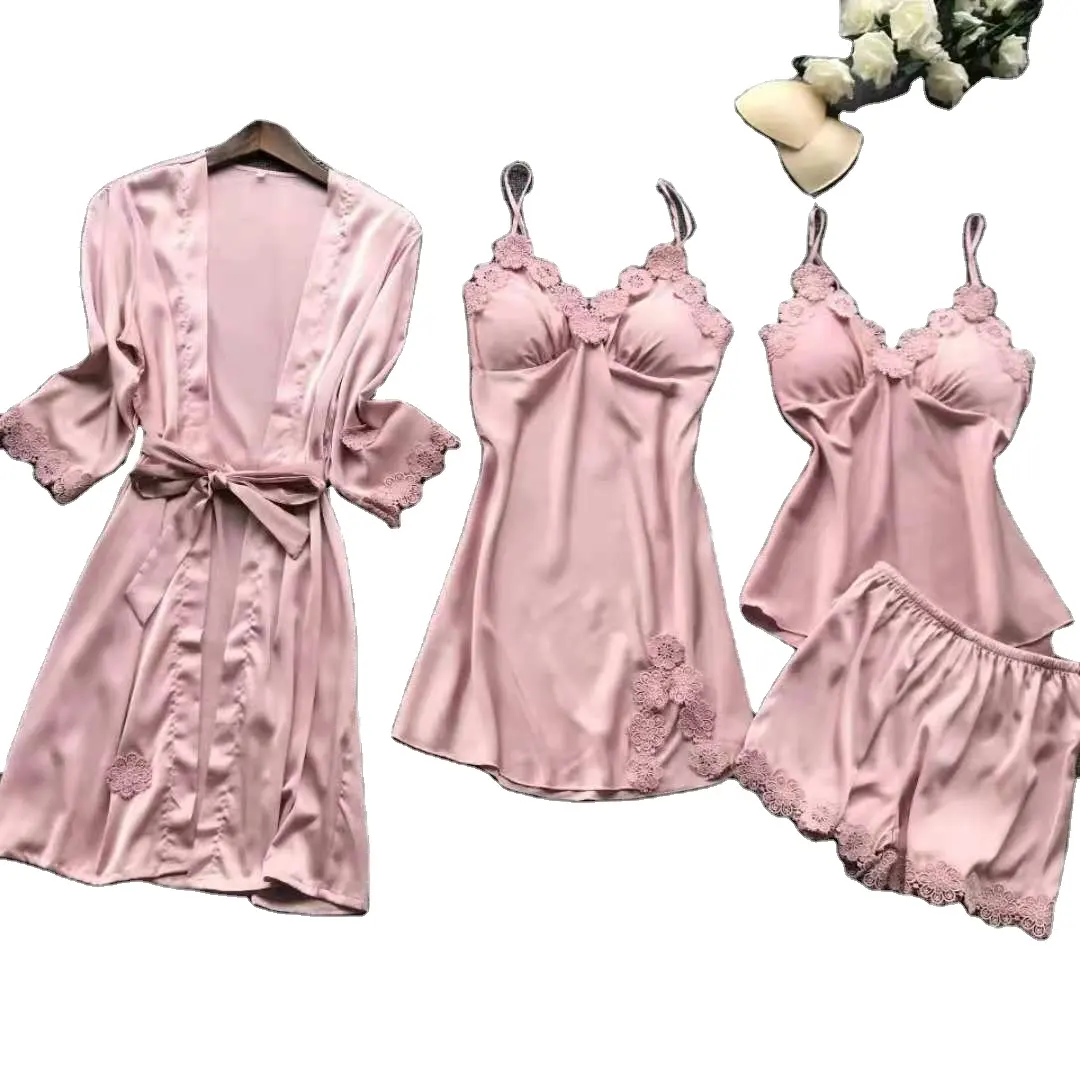 Осенняя ночная рубашка с нагрудной подушкой, набор из четырех предметов, шелковая ночная рубашка с лямкой на шее для женщин