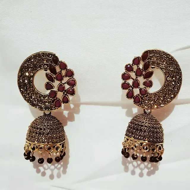 Beautiful Jhumka earring worked with stones and beads in maroon white black colour from Indian manufacture