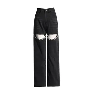 Pantaloni larghi da donna su misura pantaloni larghi a vita alta multi tasche in denim sbiadito jeans cargo 100% jeans di cotone