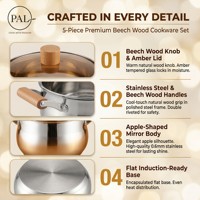 Premium Buchenholz Kochgeschirr-Set 5-teilig Edelstahl Bernsteinfarbene Glasdeckel Marmor Antihaft-Bratpfanne Dampfgarer für Zuhause und Küche