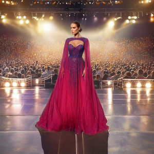 Fuchsia Kralen A-Line Avondjurk Cape Mouwen Tot Op De Grond Geïnspireerde Beroemdheden Ademend Voor Vrouwen - Product Image 4