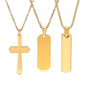 Trend 2024 Men Gold Cross Pendant Bevel Long Bar Pendant Necklace Stainless Steel Custom Logo Engraving 3D Bar Name Necklace