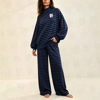 Ensemble de survêtement deux pièces surdimensionné pour femme : sweat-shirt à col rond rayé et pantalon à épaules tombantes