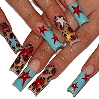 Meilleures ventes transfrontalières : Faux ongles longs détachables de style français, motif étoile rouge et imprimé léopard, haut de gamme, pour femmes