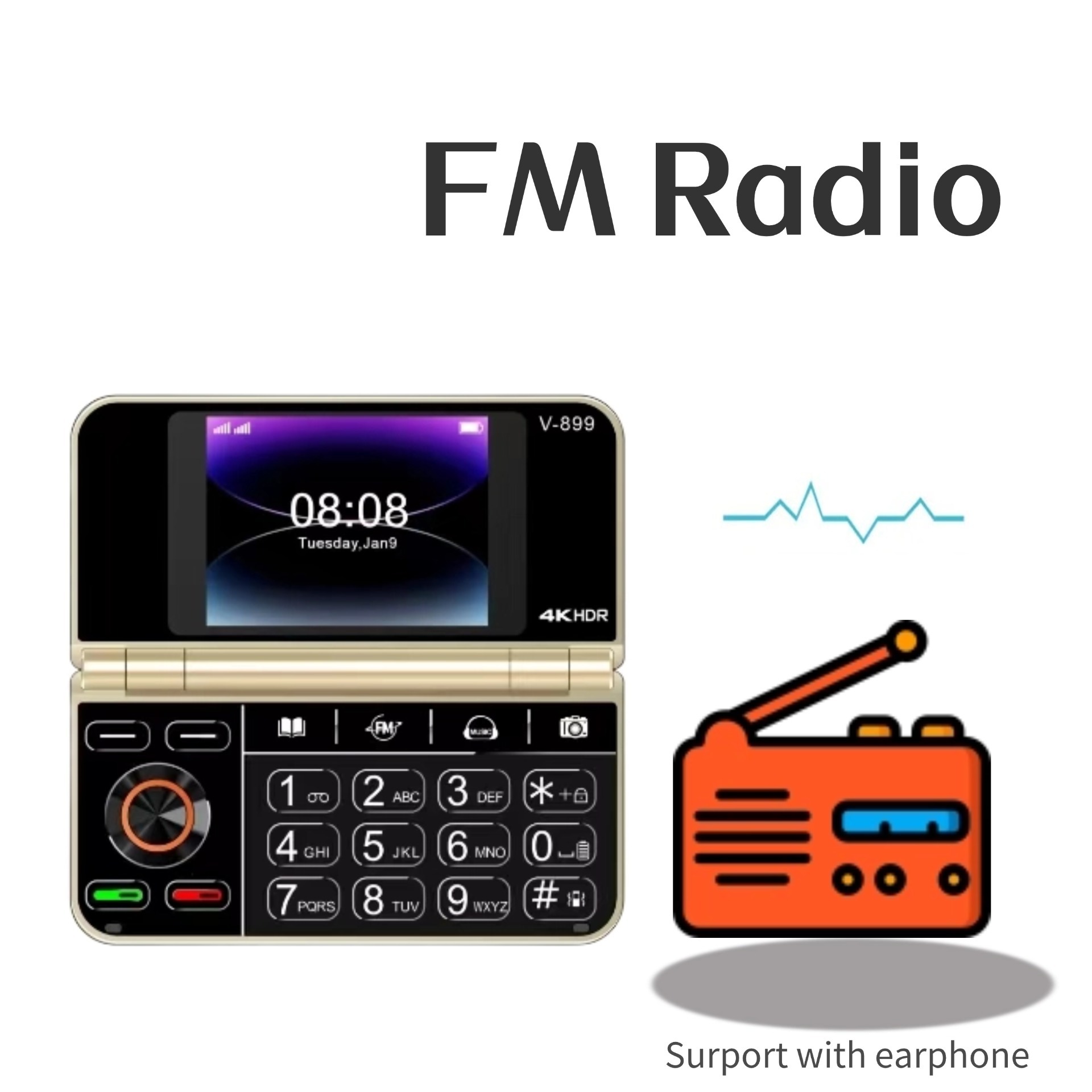 V8 Pro Folding Flip Feature Phone - 2G, Dual Sim, Multilingual
