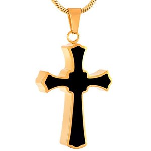 Cofanetto per Ceneri di Animali Domestici in Acciaio Inossidabile 316L Dorato Inossidabile con Smalto Nero a Croce, Gioiello Classico Ortodosso per Bambini, per Ricordo - Product Image 1