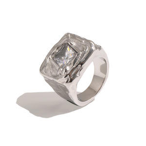Irregular Hammered Texture Square CZ Signet <b>Ring</b> Pvd 18K Gold Plated Hypoallergenic Stainless Steel Chunky <b>Finger</b> <b>Ring</b> - Product Image 1