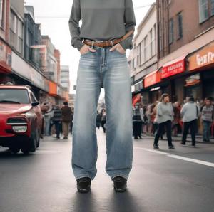 กางเกงยีนส์ขาบานสำหรับผู้ชายกางเกงยีนส์ขาบานทรงหลวมงานตามสั่งสไตล์วินเทจ - Product Image 1