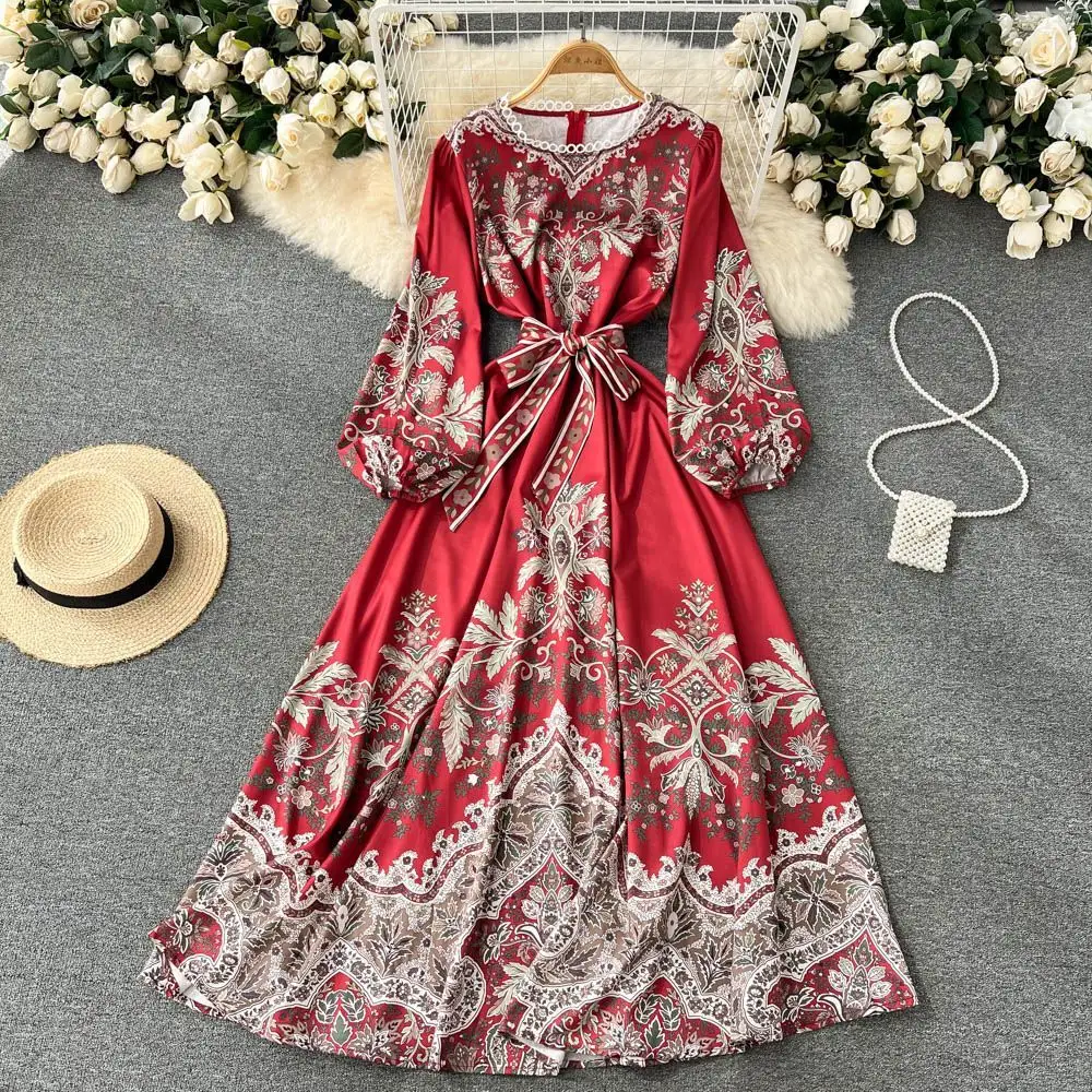 Latest Design Long Sleeves Pleated Chiffon Dresses Elegant Floral Print Maxi Dress Ladies Summer Dress