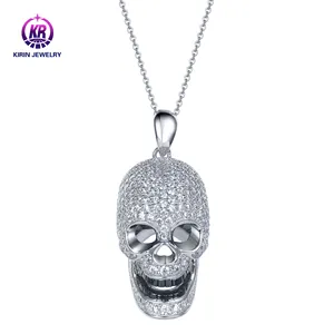 Kalung liontin Hip Hop perak putih Sterling 925 perhiasan Punk tengkorak Vintage Mosonite