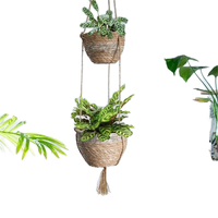 Keranjang Gantung Tanaman Anyaman Serat Tumbuhan Buatan Tangan dengan Rumbai Gaya Rustic Bohemian untuk Penggunaan Dalam dan Luar Ruangan
