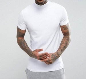 Wholesale <strong>White</strong> Slim Fit Tee Custom Men's Curve Hem Short Sleeve <strong>Turtle</strong> <strong>Neck</strong> 95% Cotton 5% Elastane Blank Tight T-shirt - Product Image 2