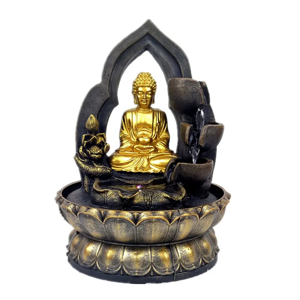 Home Indoor Table Top Decor Buddha Water Fountain Budas Fengshui Resin Home Decoration Buddhism with Led Light Decoration Melody