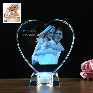 Unique Personalized Picture Etched Engraved Crystal Heart Engraved Photo Prize With LED Light Base