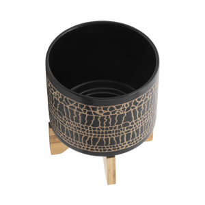 Vasi Cilindrici con Supporto in Ceramica Stoneware, Base in Legno di Bambù, per Interni ed Esterni, Decorazione Casa - Product Image 5