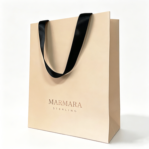 Matte Black <b>Card</b> Paper Shopping Bag With Satin Ribbon Handle Custom Print Logo Luxury <b>Gift</b> Paper Bag - Product Image 1