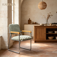 Fauteuil cantilever à cadre chromé, tissu rayé, style moderne du milieu du siècle, accoudoirs en bois pour salon, café, bureau