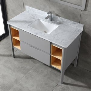 Minimalist Grey Freestanding Bathroom Vanity Marble Wash Basin Cabinet with Grey Frame <b>Mirror</b> for Home Apartment Renovation - Product Image 6