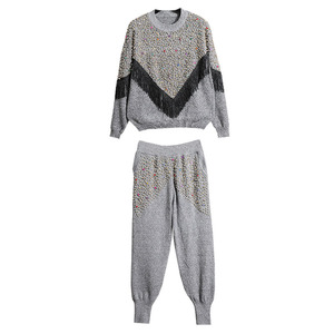 Ultimo Design Streetwear set nappa strass perline manica lunga donna maglione pantaloni Casual in maglia 2 pezzi tute abiti - Product Image 6