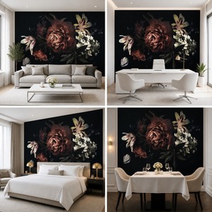 Murale Floreale Nero Personalizzato su Tela, Carta da Parati per Soggiorno, <span class=keywords><strong>Camera</strong></span> da Letto, Ristorante, Bar - Product Image 4