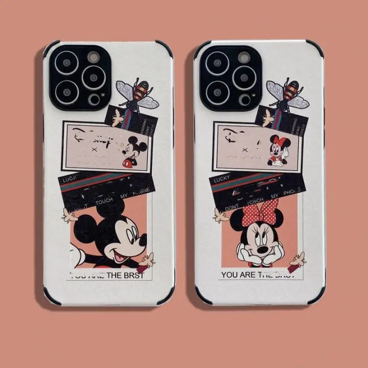 Luxury Print Cartoon Designer Leather Cover Minnie Mickey Phone Case For iPhone 13 12 11 Promax XS XR 8plus Shockproof Case