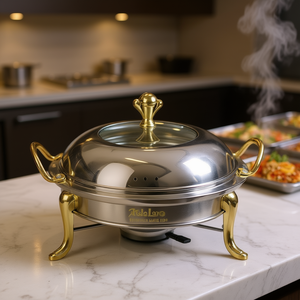 Recipiente redondo de acero inoxidable para buffet con detalles dorados, calentamiento eléctrico, tapa de vidrio para uso en catering, control manual de temperatura. - Product Image 2