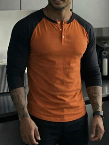 <strong>Men</strong> Raglan Long-Sleeve <strong>Henley</strong> <strong>T</strong>-<strong>Shirt</strong> Crew Neck Button Placket Casual Loose Fit Baseball Tee Custom Logo 100% Cotton 220g Blank - Product Image 2