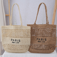 Fourre-tout d'été en paille brodée à la main, fourre-tout évidé de plage, sac à bandoulière pour femmes