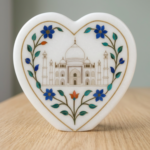 Pieza de Arte Tallada a Mano con Incrustaciones Florales de Mármol en Forma de Corazón, Estilo Taj Mahal, Decoración de Mesa de Boda Antigua Personalizada con Pietra Dura - Product Image 3
