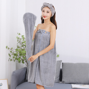 Falda de vestido de toalla de baño de lana Coral con lazo para mujer, turbante de pelo seco mágico y Diadema, 3 piezas por juego, novedad de <span class=keywords><strong>2022</strong></span> - Product Image 3