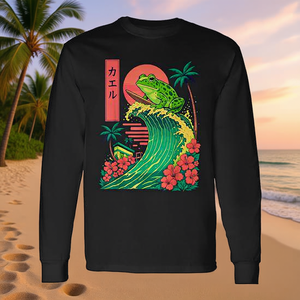 T-shirt japonais à manches longues avec motif de vague et de palmier pour hommes et femmes - Product Image 3