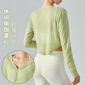 Camiseta ligera de manga larga suelta con cuello en V Casual Fitness Top para Primavera/Verano Yoga Cover-Up Casual Drape Hollow-out Sports - Product Image 1