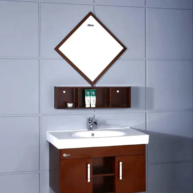 O banheiro do projeto moderno da bacia cerâmica do PVC fixada na parede ajusta o armário com espelho