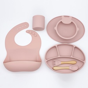 Minimalist Manual Suction Silicone Baby Weaning Tableware Set with Divided Plate Bib Spoon Fork Cup Lid <b>for</b> 6 Months - Product Image 3