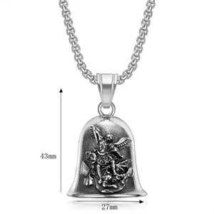 Acier Inoxydable Punk St.Michael Angel Exorcist Moto Cloche Pendentif Collier Croix Gardien Biker Gremlin Cloche pour Hommes Femmes - Product Image 5