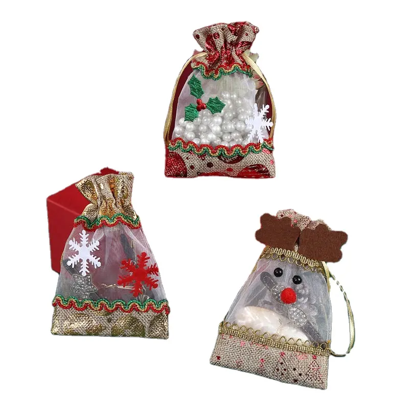 Hot Sales New Arrival Christmas Decoration Burlap Bags with Windows for Kids Home Tree Decor Candy Party Gifts Textile Packaging