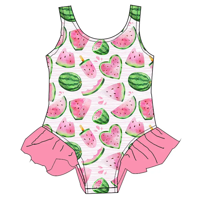 2024 kedatangan baru musim panas bayi perempuan satu potong baju renang dengan Ruffle kustom cetak indah desain mode pakaian pantai Bikini